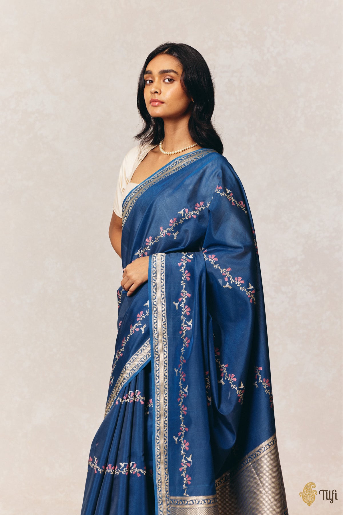 Pre-Order: 'Hummingbirds & Trumpet Creepers' Blue Pure Kora Silk by Cotton Banarasi Handloom Saree