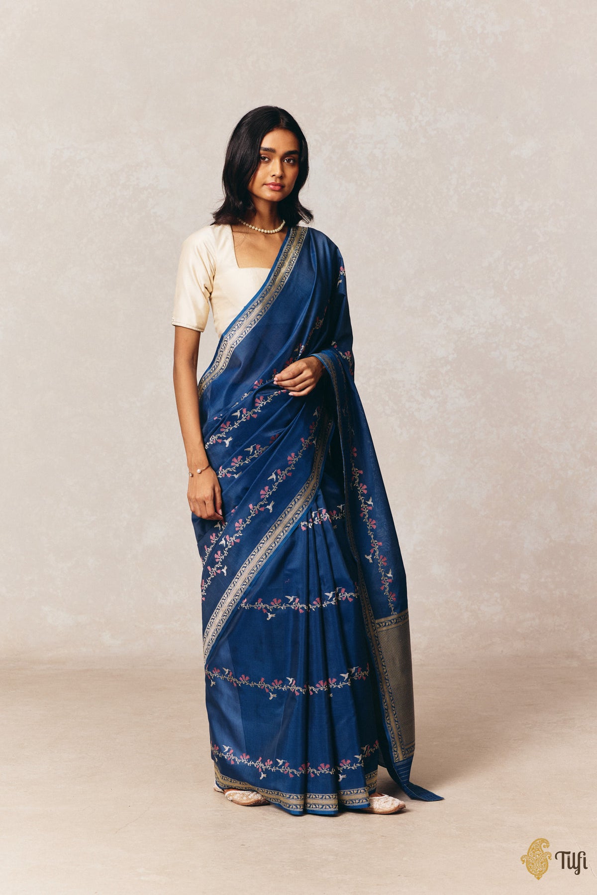 Pre-Order: 'Hummingbirds & Trumpet Creepers' Blue Pure Kora Silk by Cotton Banarasi Handloom Saree