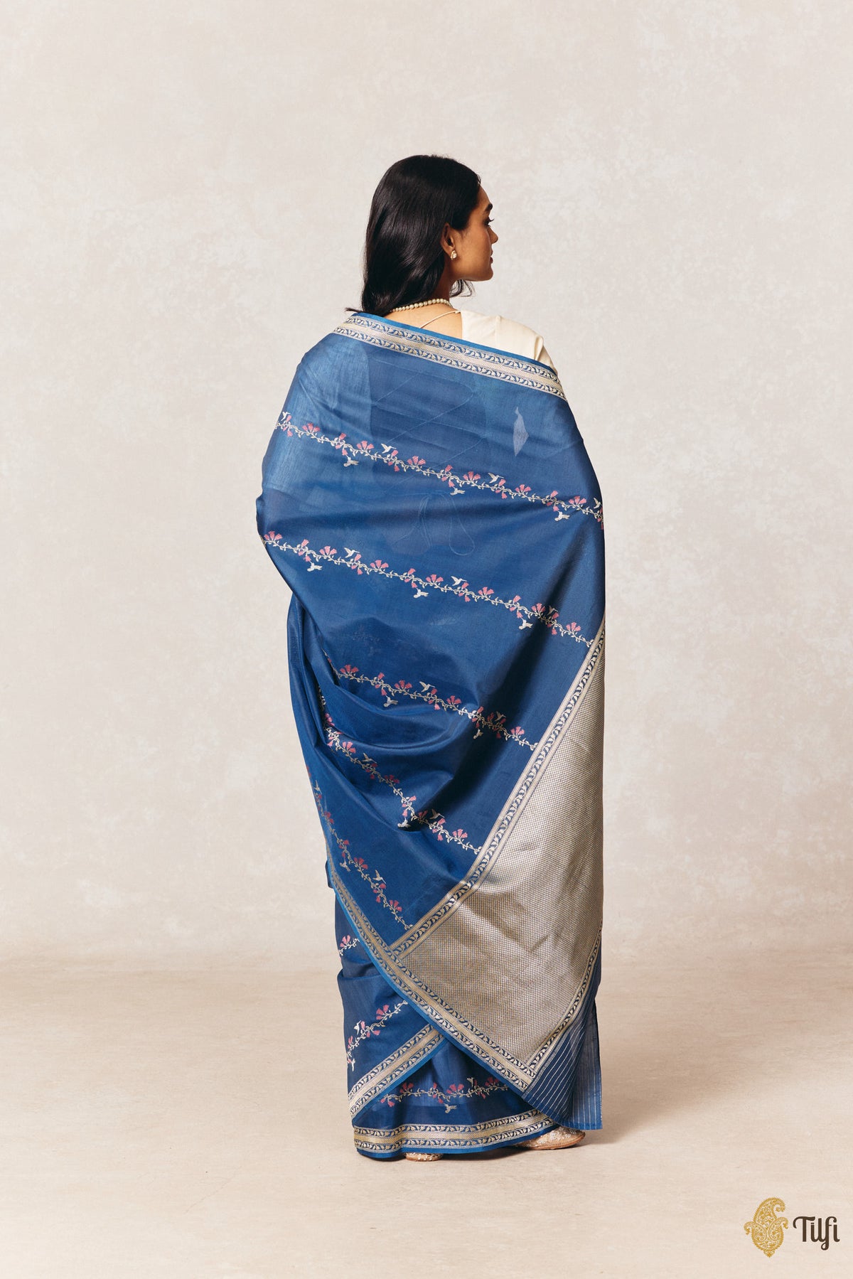 Pre-Order: 'Hummingbirds & Trumpet Creepers' Blue Pure Kora Silk by Cotton Banarasi Handloom Saree