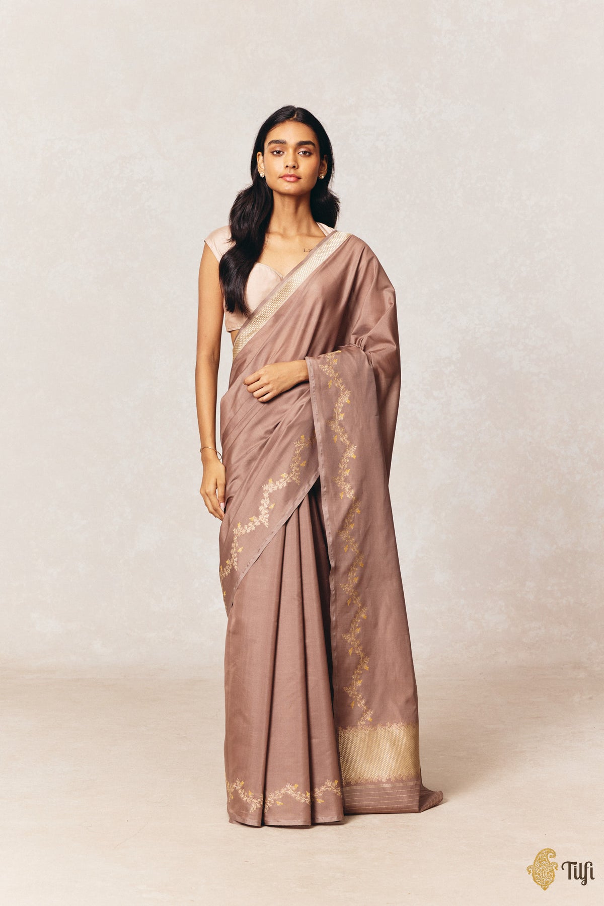 'Goldenrods & Bumblebees' Brown Pure Kora by Cotton Banarasi Handloom Saree