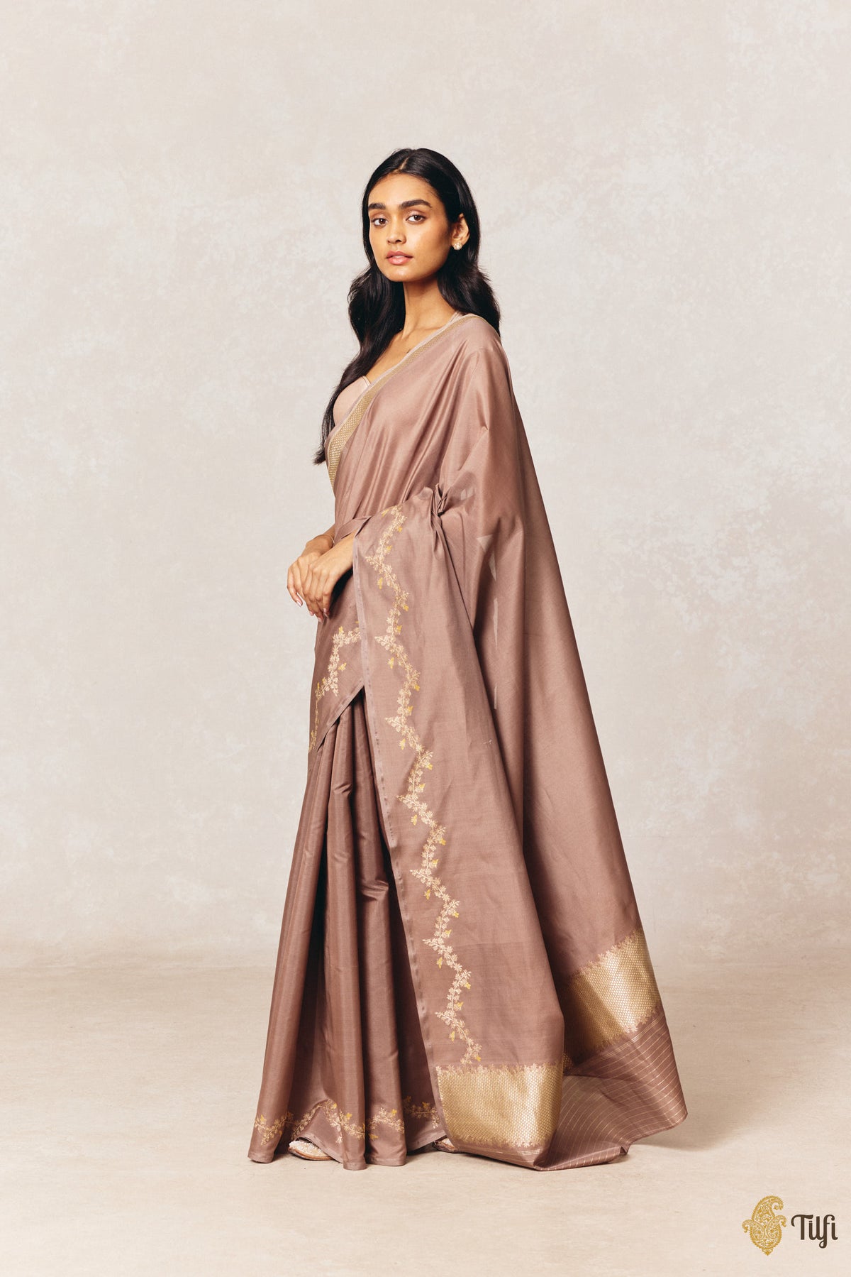 'Goldenrods & Bumblebees' Brown Pure Kora by Cotton Banarasi Handloom Saree