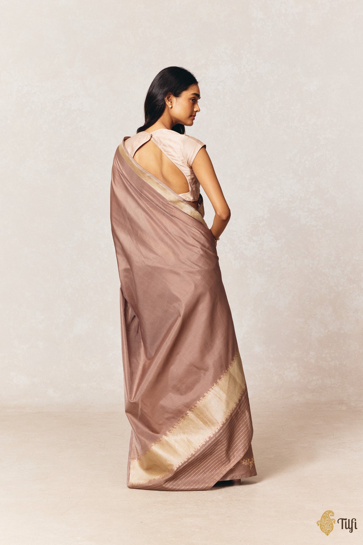 'Goldenrods & Bumblebees' Brown Pure Kora by Cotton Banarasi Handloom Saree