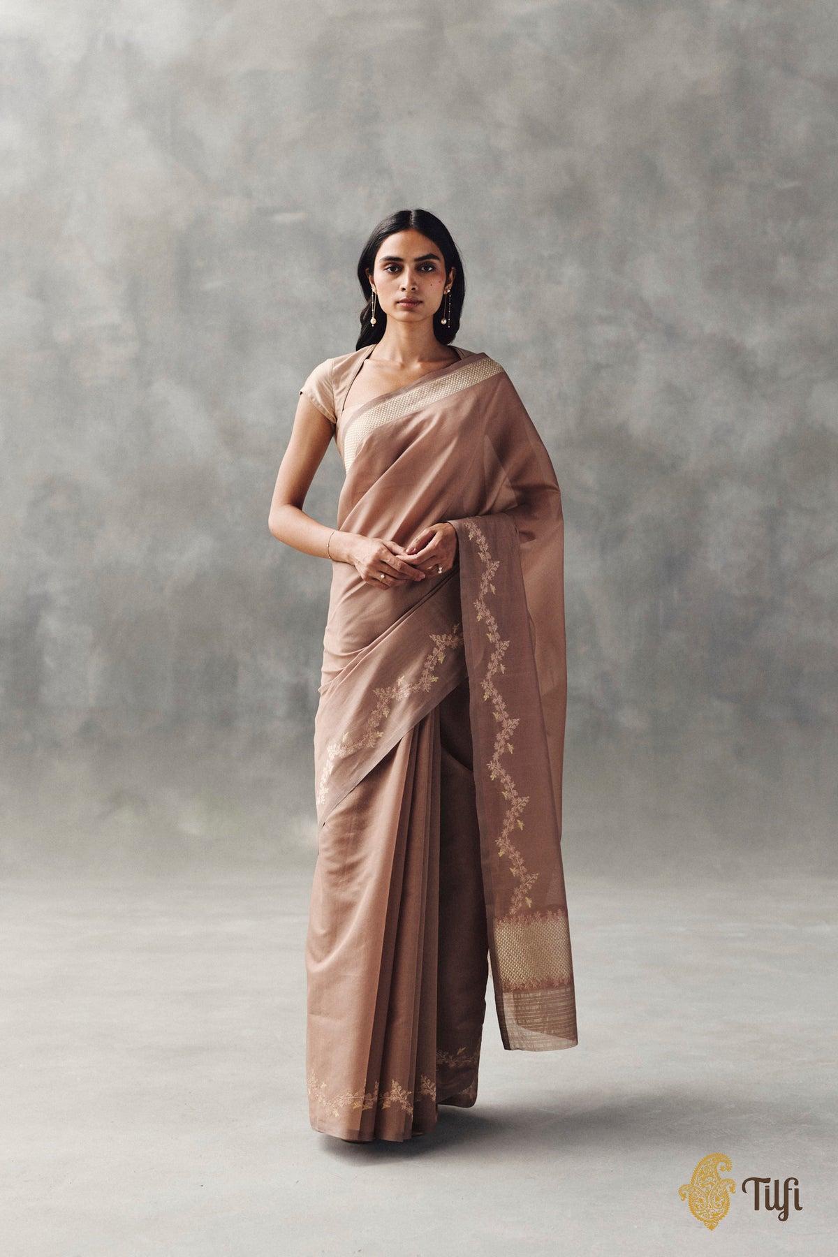 'Goldenrods & Bumblebees' Light Brown Pure Kora by Cotton Banarasi Handloom Saree