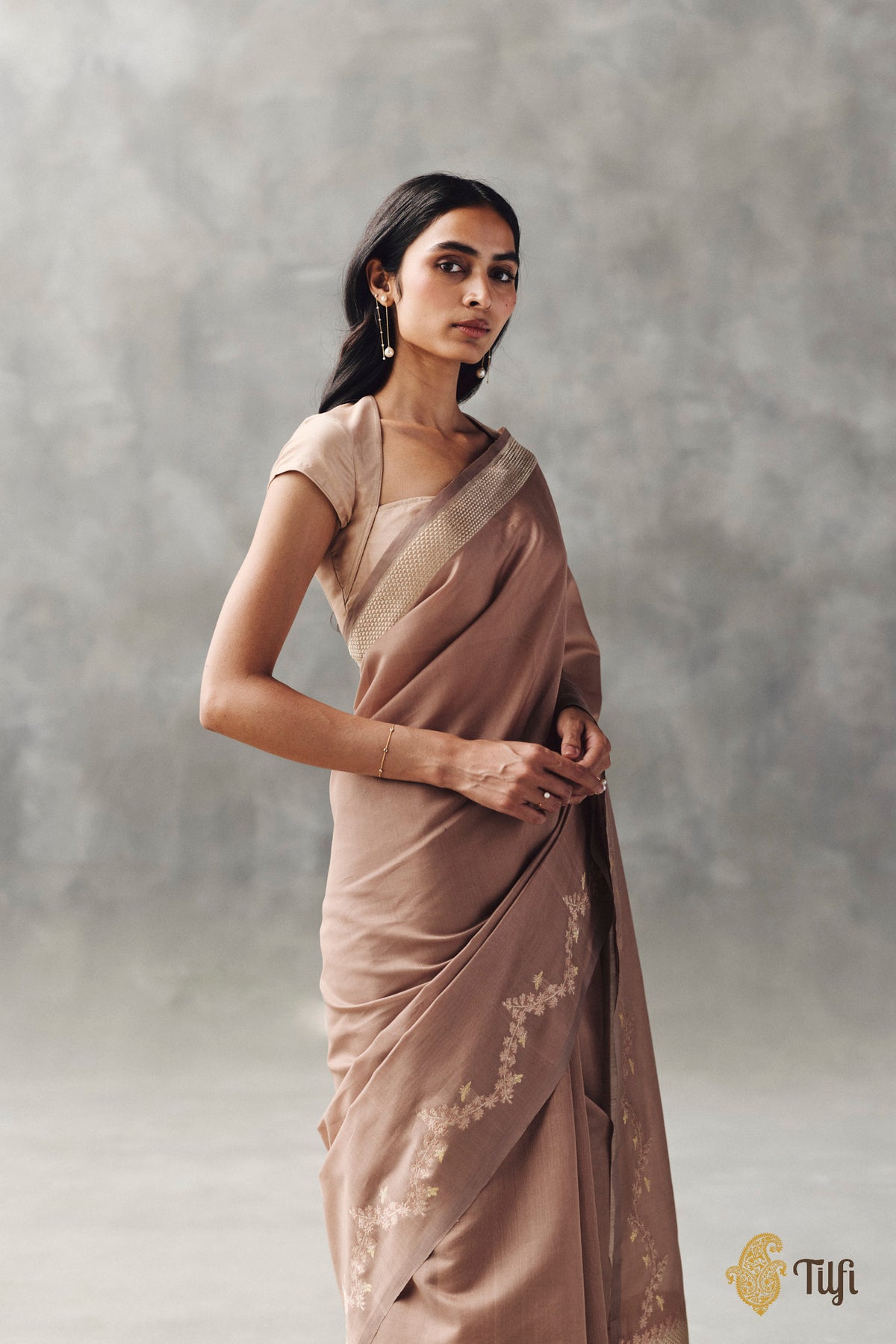 'Goldenrods & Bumblebees' Light Brown Pure Kora by Cotton Banarasi Handloom Saree