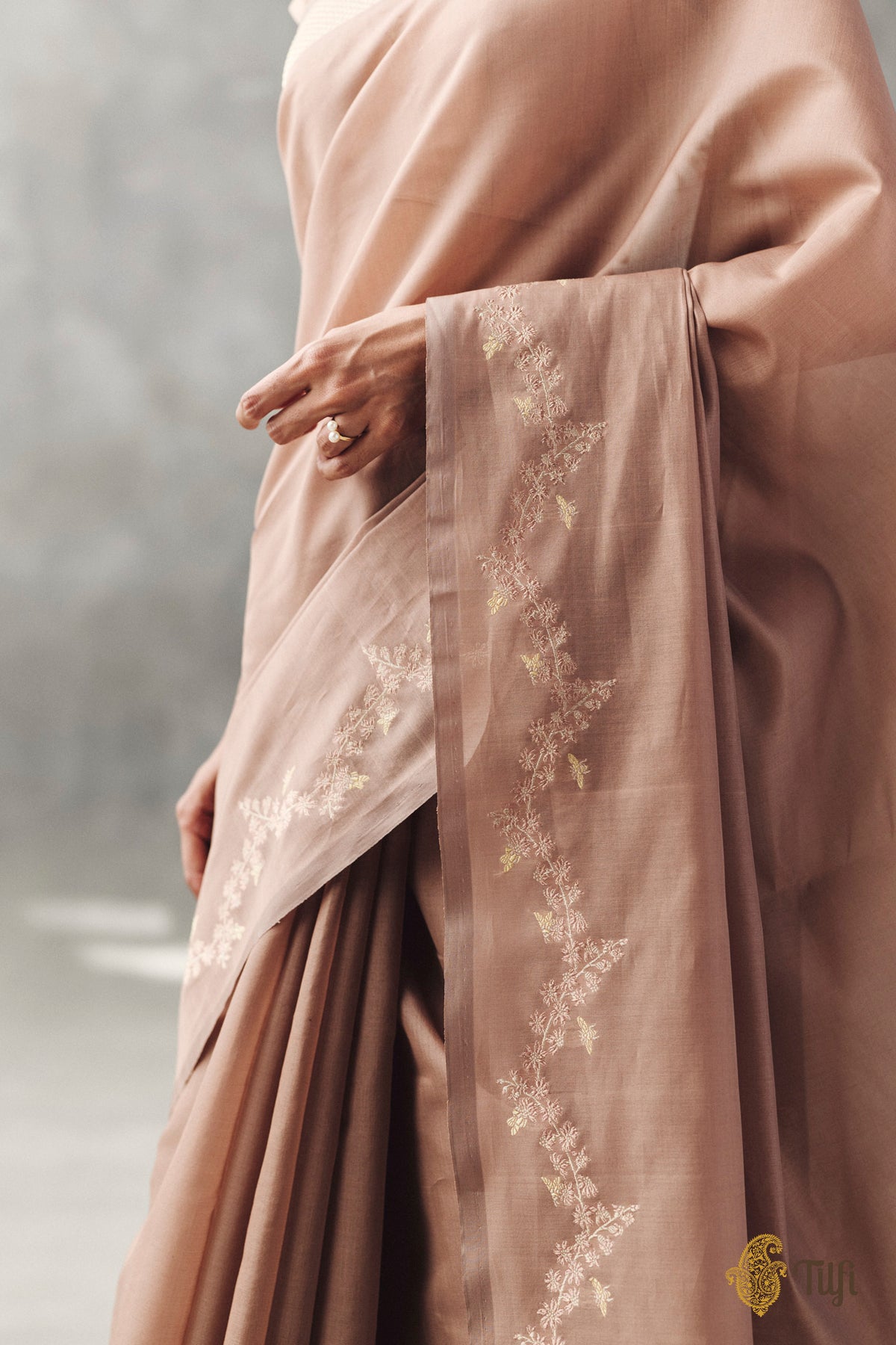 'Goldenrods & Bumblebees' Light Brown Pure Kora by Cotton Banarasi Handloom Saree