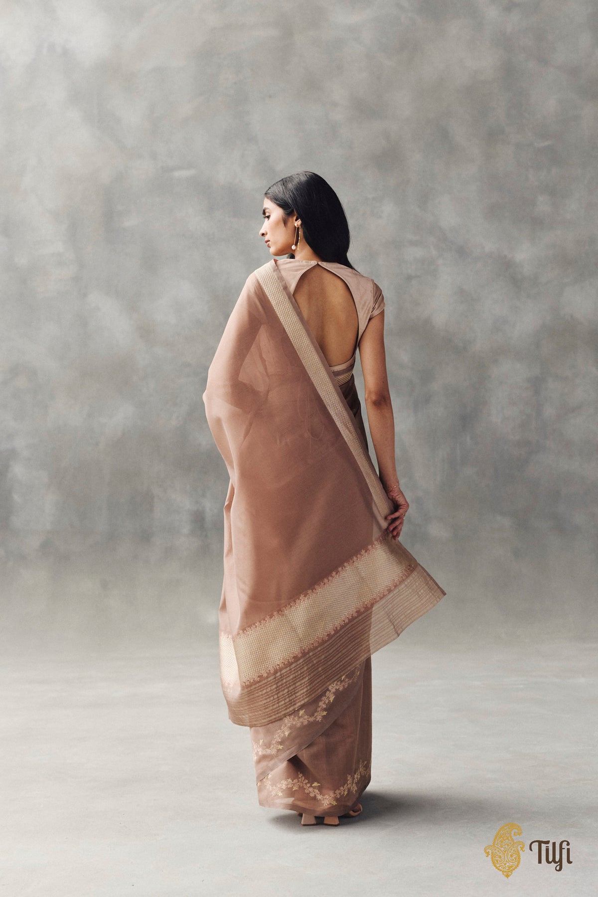 'Goldenrods & Bumblebees' Light Brown Pure Kora by Cotton Banarasi Handloom Saree