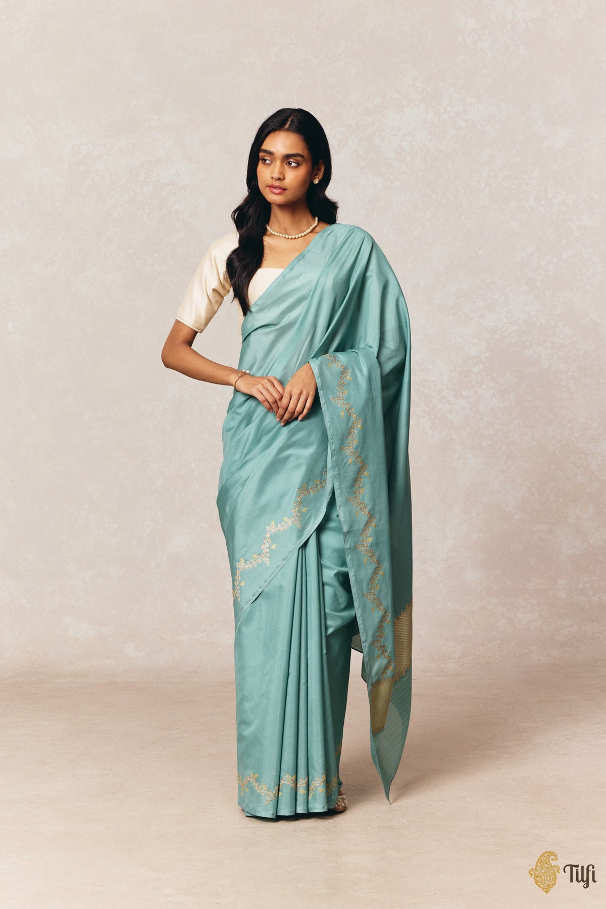 'Goldenrods & Bumblebees' Aqua Blue-Green Pure Kora by Cotton Banarasi Handloom Saree