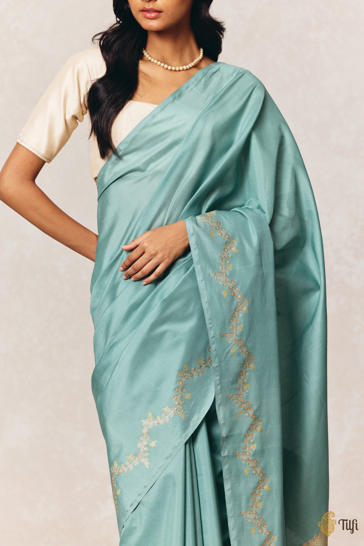 'Goldenrods & Bumblebees' Aqua Blue-Green Pure Kora by Cotton Banarasi Handloom Saree