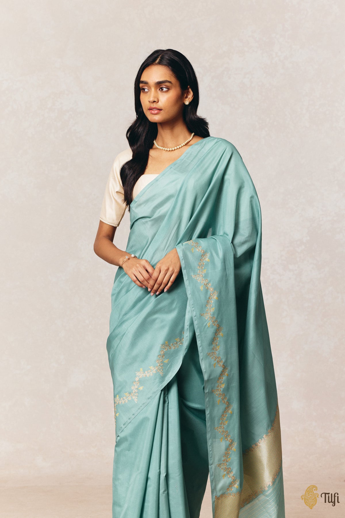 'Goldenrods & Bumblebees' Aqua Blue-Green Pure Kora by Cotton Banarasi Handloom Saree