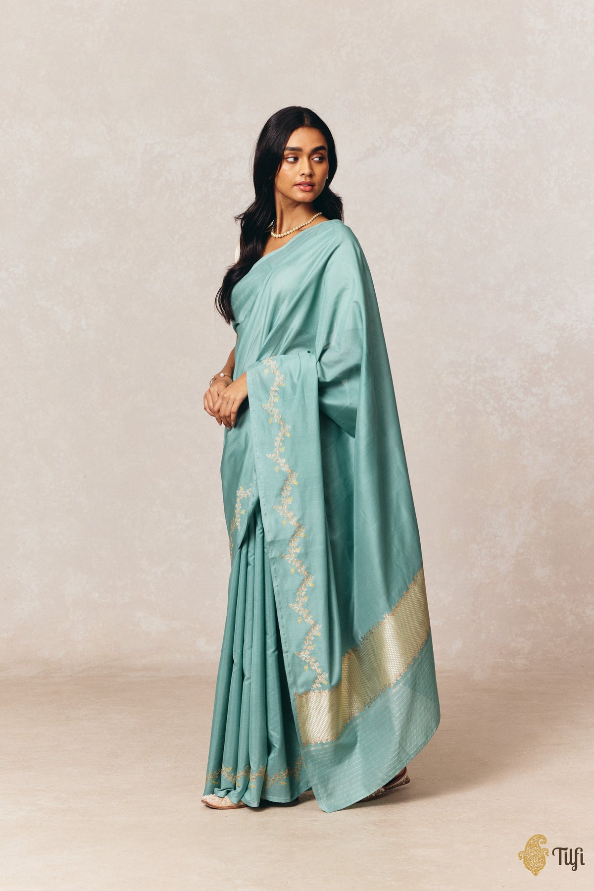 'Goldenrods & Bumblebees' Aqua Blue-Green Pure Kora by Cotton Banarasi Handloom Saree