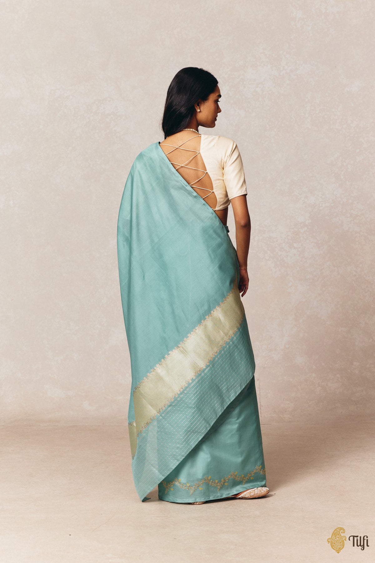 'Goldenrods & Bumblebees' Aqua Blue-Green Pure Kora by Cotton Banarasi Handloom Saree
