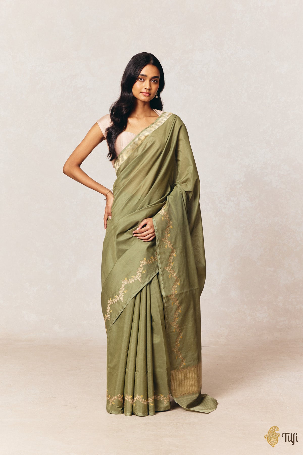 'Goldenrods & Bumblebees' Green Pure Kora by Cotton Banarasi Handloom Saree