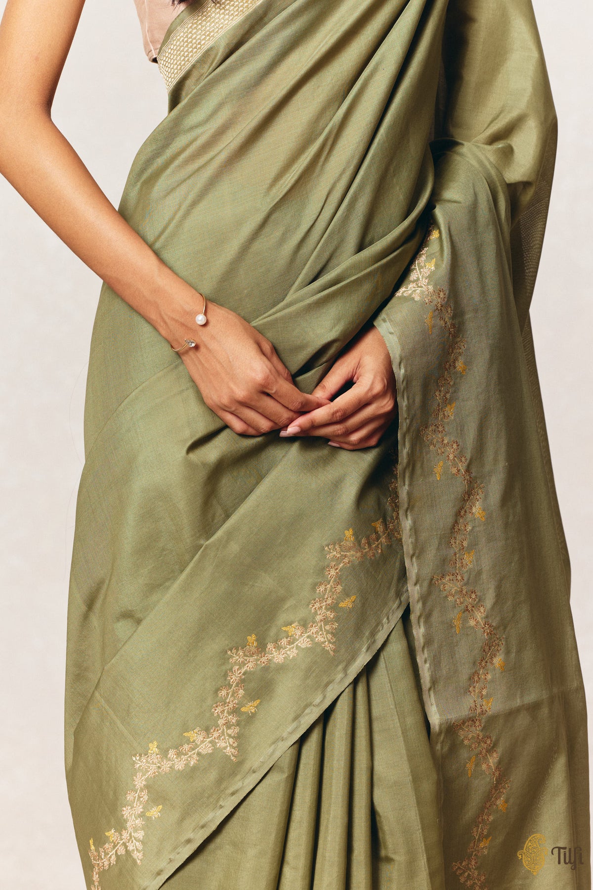 'Goldenrods & Bumblebees' Green Pure Kora by Cotton Banarasi Handloom Saree