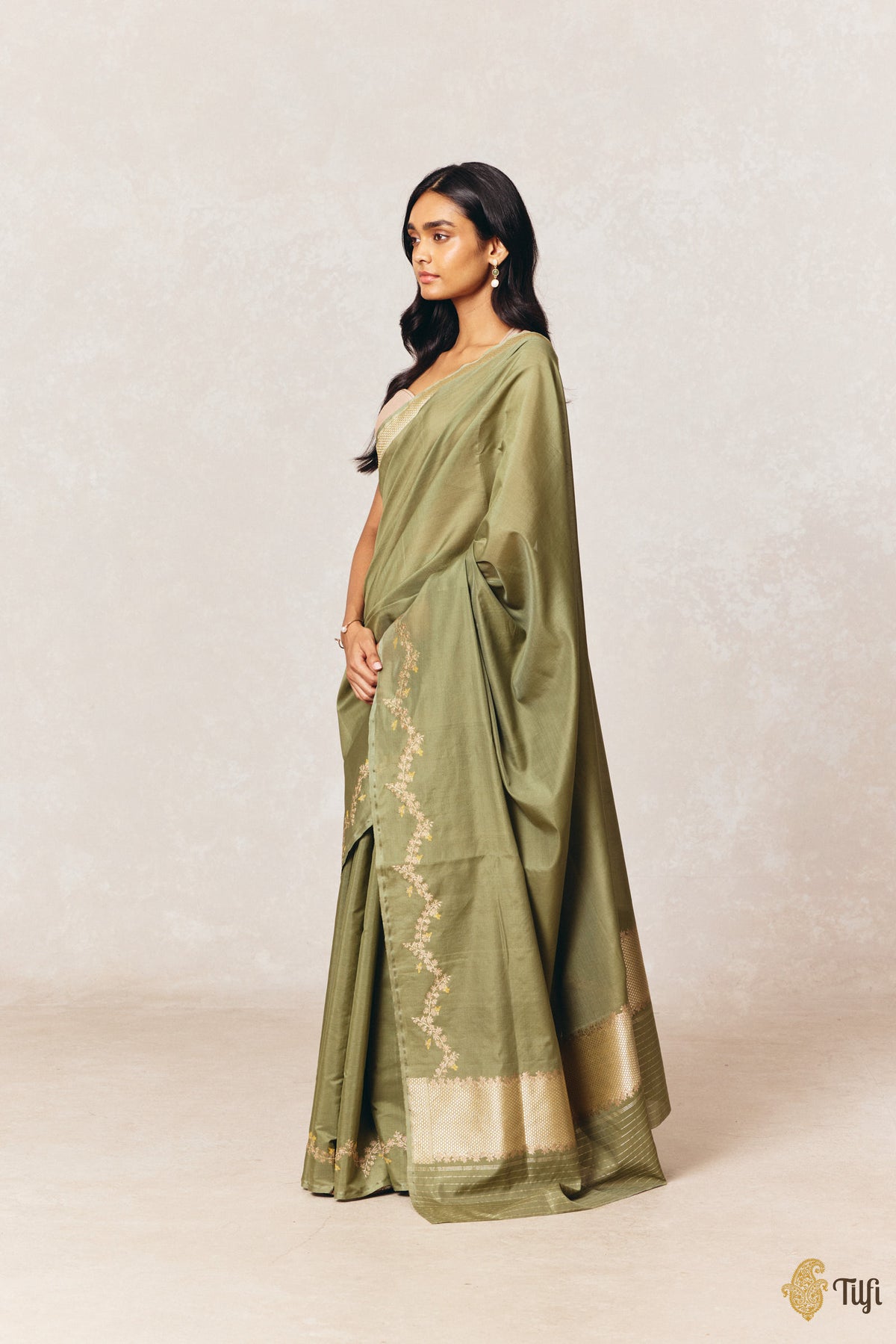 'Goldenrods & Bumblebees' Green Pure Kora by Cotton Banarasi Handloom Saree