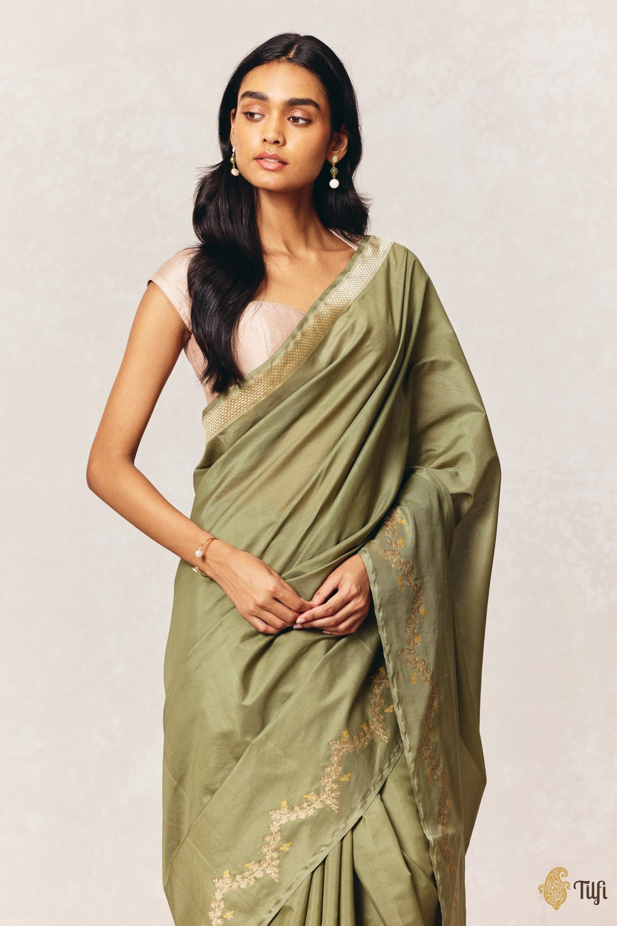 'Goldenrods & Bumblebees' Green Pure Kora by Cotton Banarasi Handloom Saree