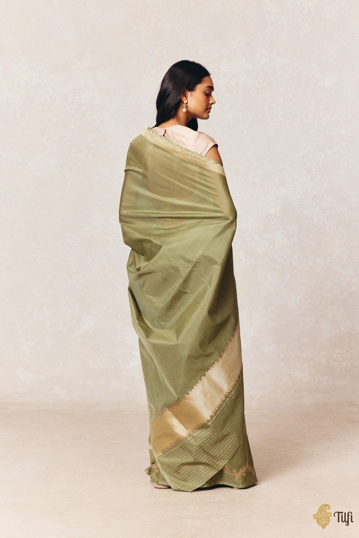 'Goldenrods & Bumblebees' Green Pure Kora by Cotton Banarasi Handloom Saree