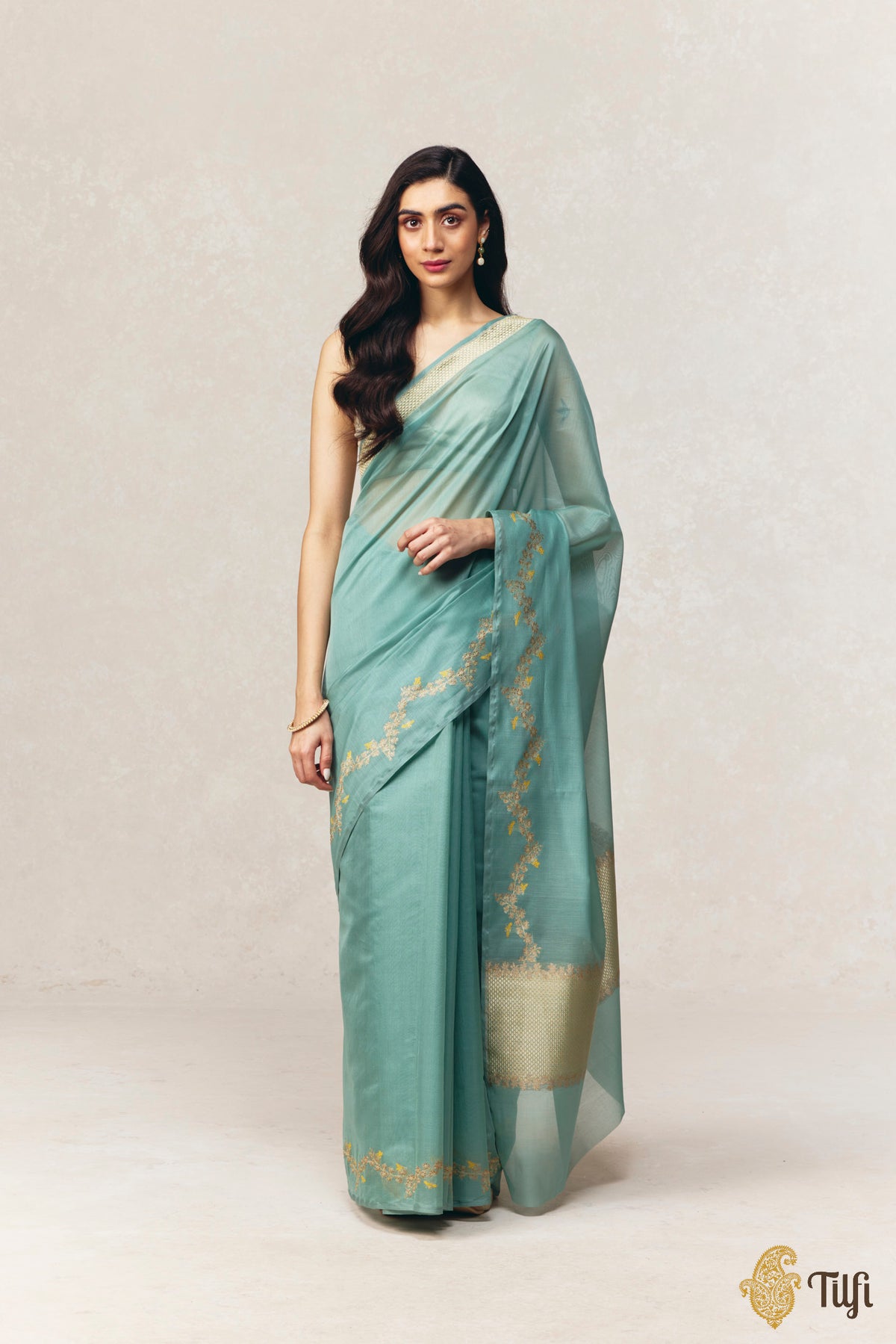 'Goldenrods & Bumblebees' Aqua Blue-Green Pure Kora by Cotton Banarasi Handloom Saree