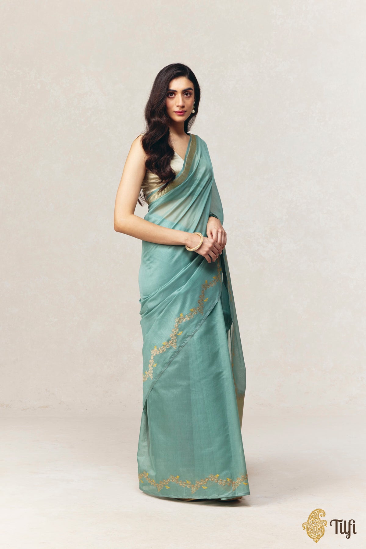 'Goldenrods & Bumblebees' Aqua Blue-Green Pure Kora by Cotton Banarasi Handloom Saree