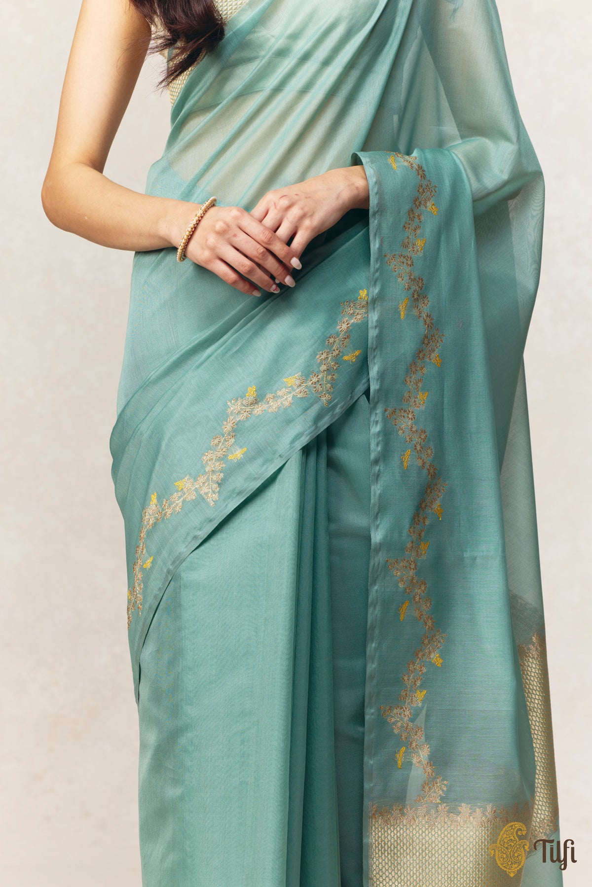 'Goldenrods & Bumblebees' Aqua Blue-Green Pure Kora by Cotton Banarasi Handloom Saree