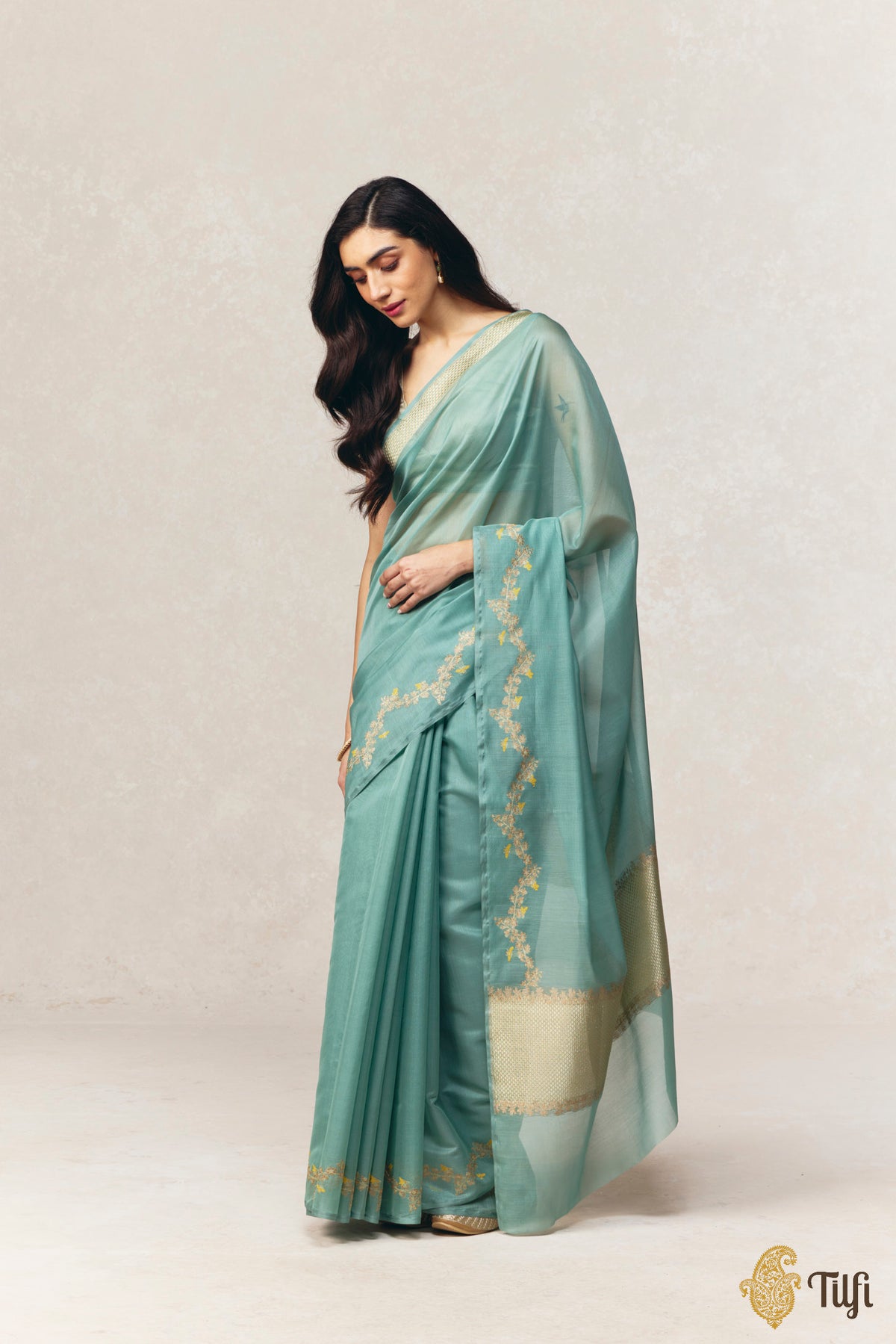 'Goldenrods & Bumblebees' Aqua Blue-Green Pure Kora by Cotton Banarasi Handloom Saree