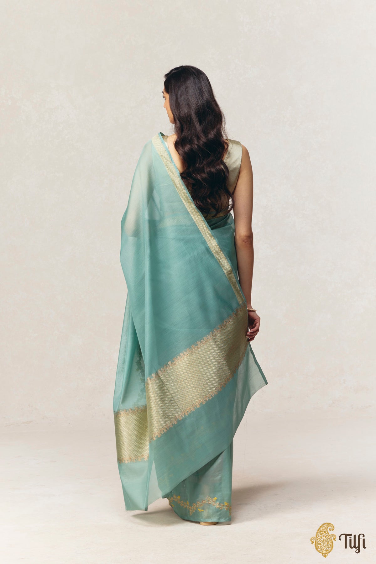 'Goldenrods & Bumblebees' Aqua Blue-Green Pure Kora by Cotton Banarasi Handloom Saree