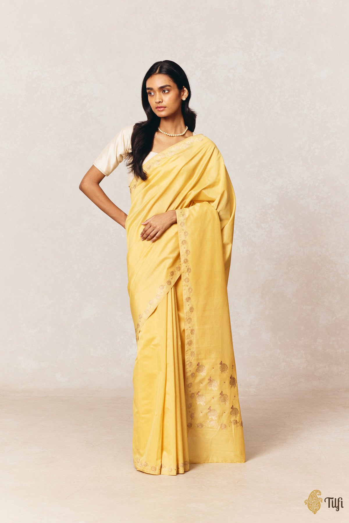 'Zinnias & Butterflies' Yellow Pure Kora by Cotton Banarasi Handloom Saree