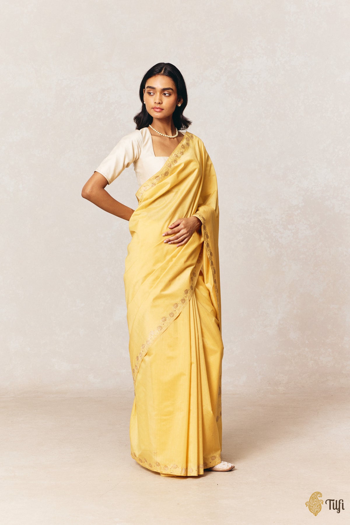 'Zinnias & Butterflies' Yellow Pure Kora by Cotton Banarasi Handloom Saree