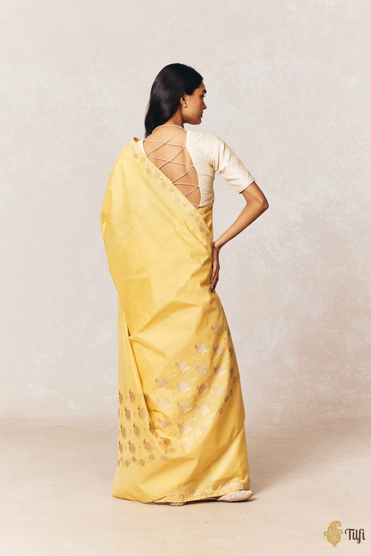 'Zinnias & Butterflies' Yellow Pure Kora by Cotton Banarasi Handloom Saree