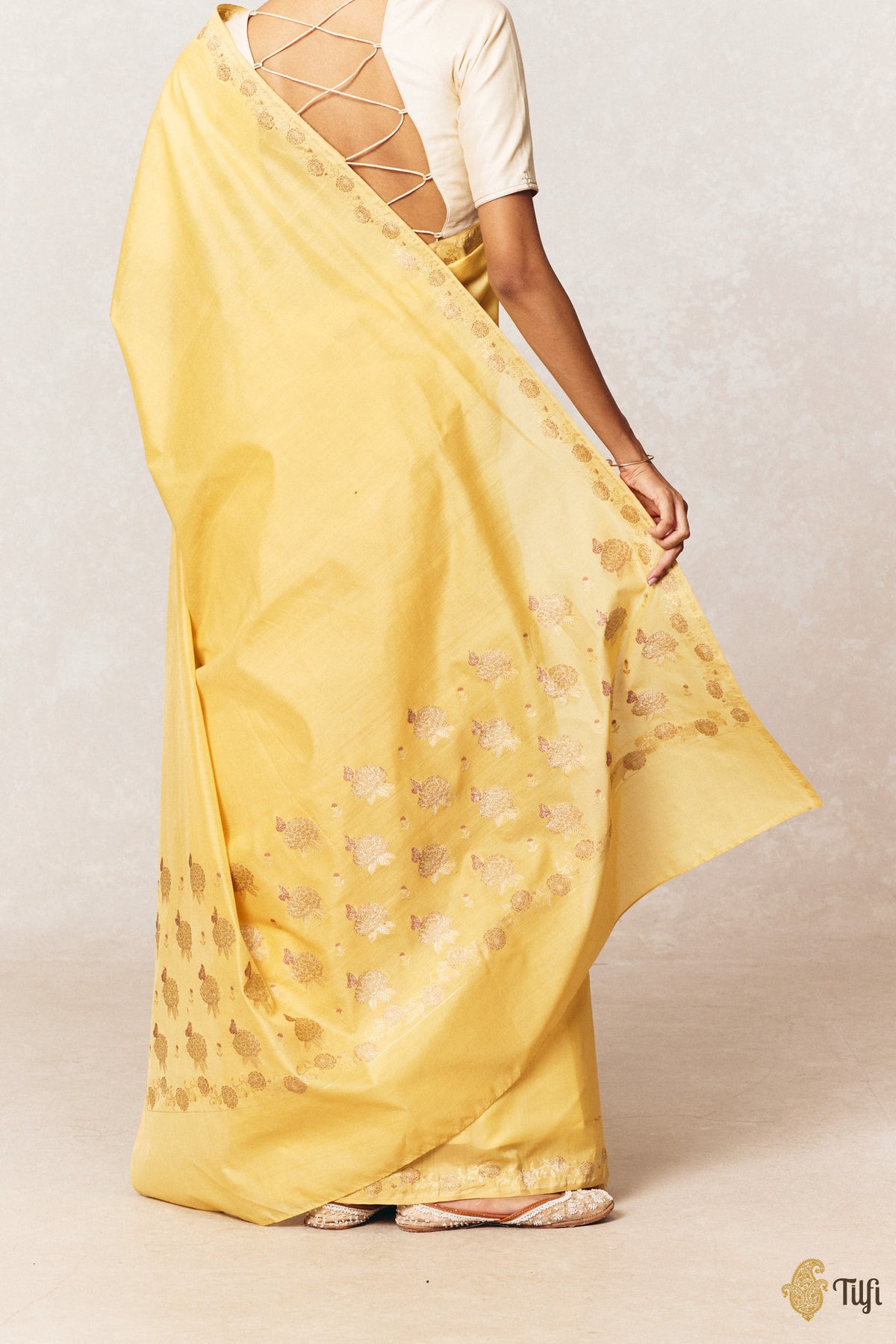 'Zinnias & Butterflies' Yellow Pure Kora by Cotton Banarasi Handloom Saree