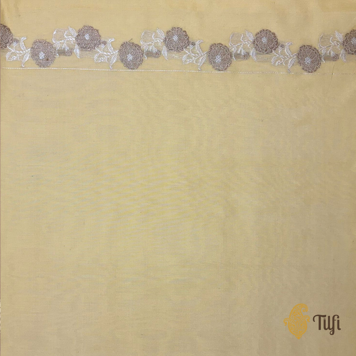 'Zinnias & Butterflies' Yellow Pure Kora by Cotton Banarasi Handloom Saree