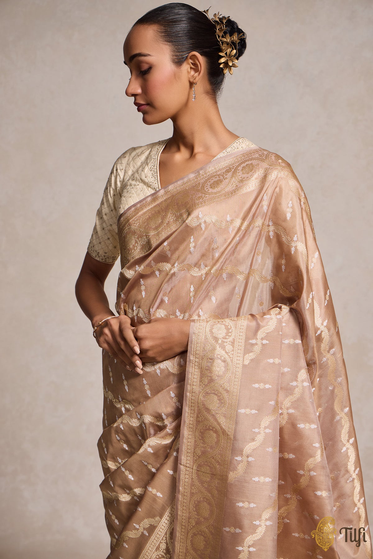 Taupe-Brown Pure Katan Silk Banarasi Handloom Saree