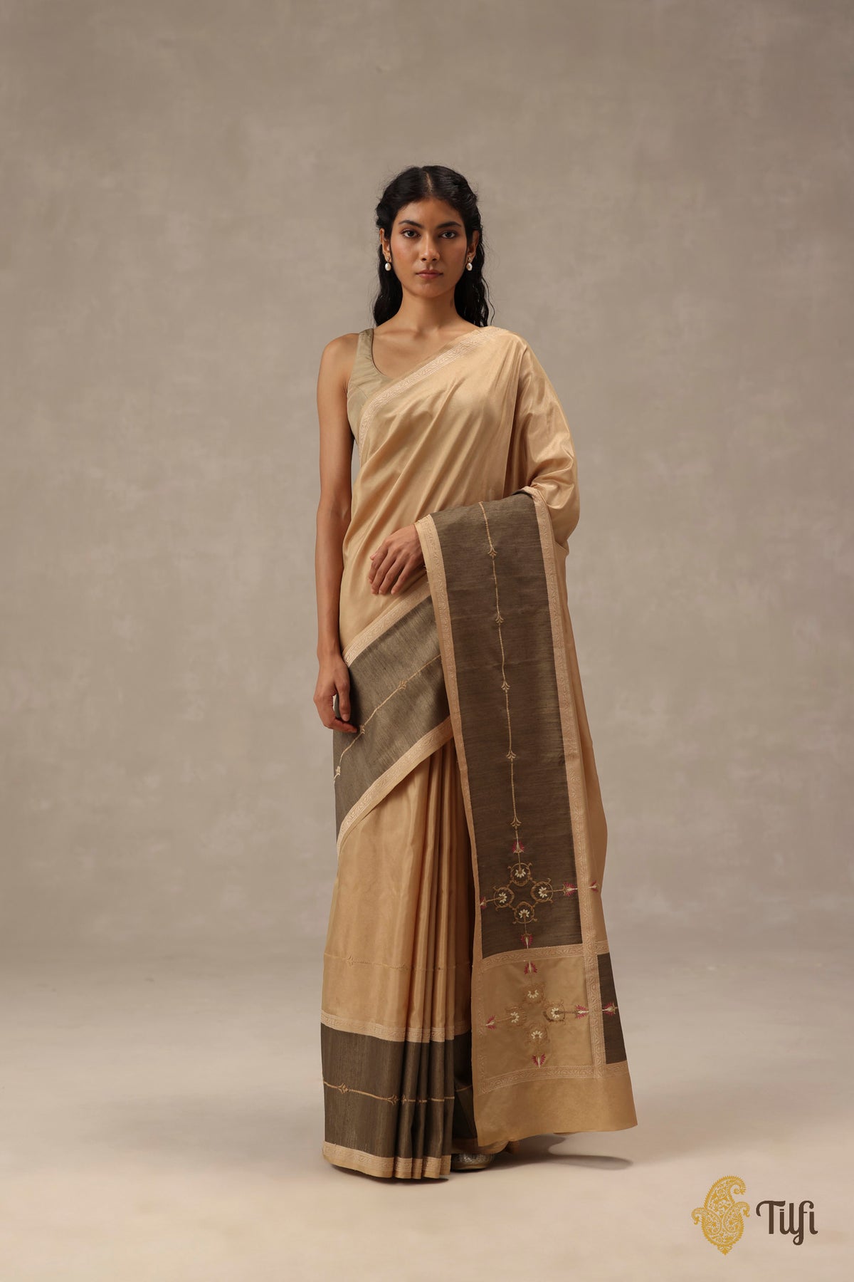 'Sienna' Beige-Sage Green Pure Katan Gheecha Silk Banarasi Handloom Saree