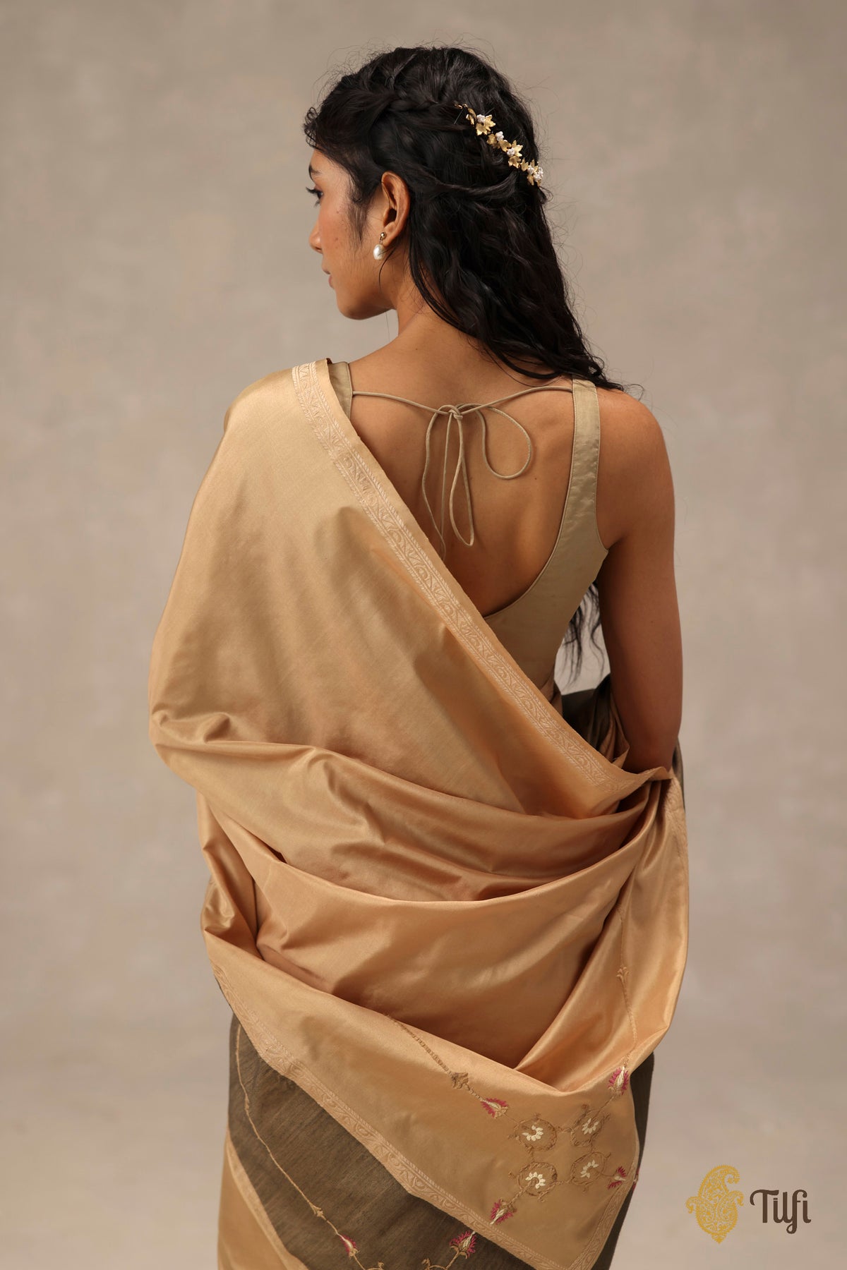 'Sienna' Beige-Sage Green Pure Katan Gheecha Silk Banarasi Handloom Saree
