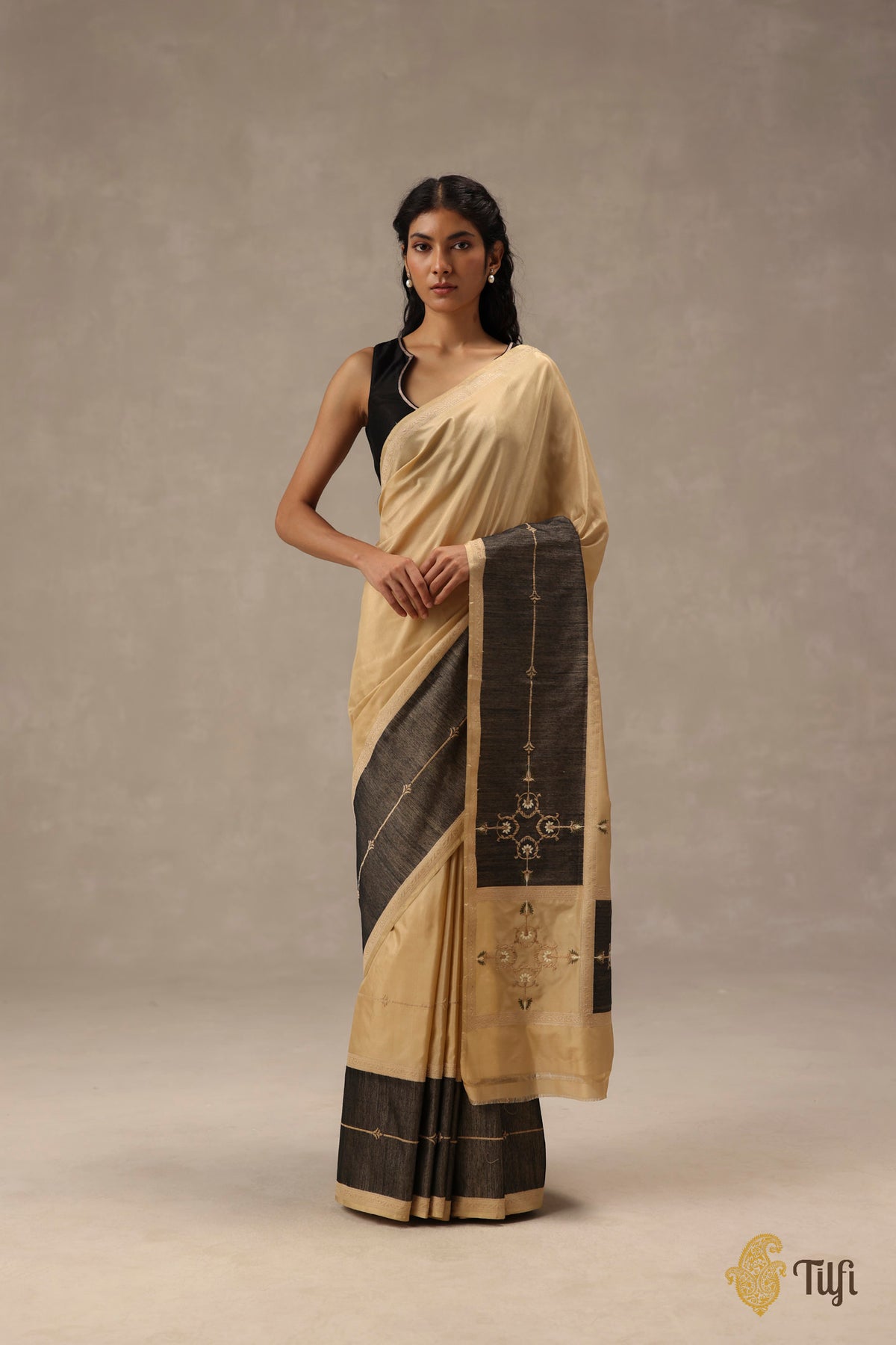 'Sienna' Beige-Black Pure Katan Gheecha Silk Banarasi Handloom Saree