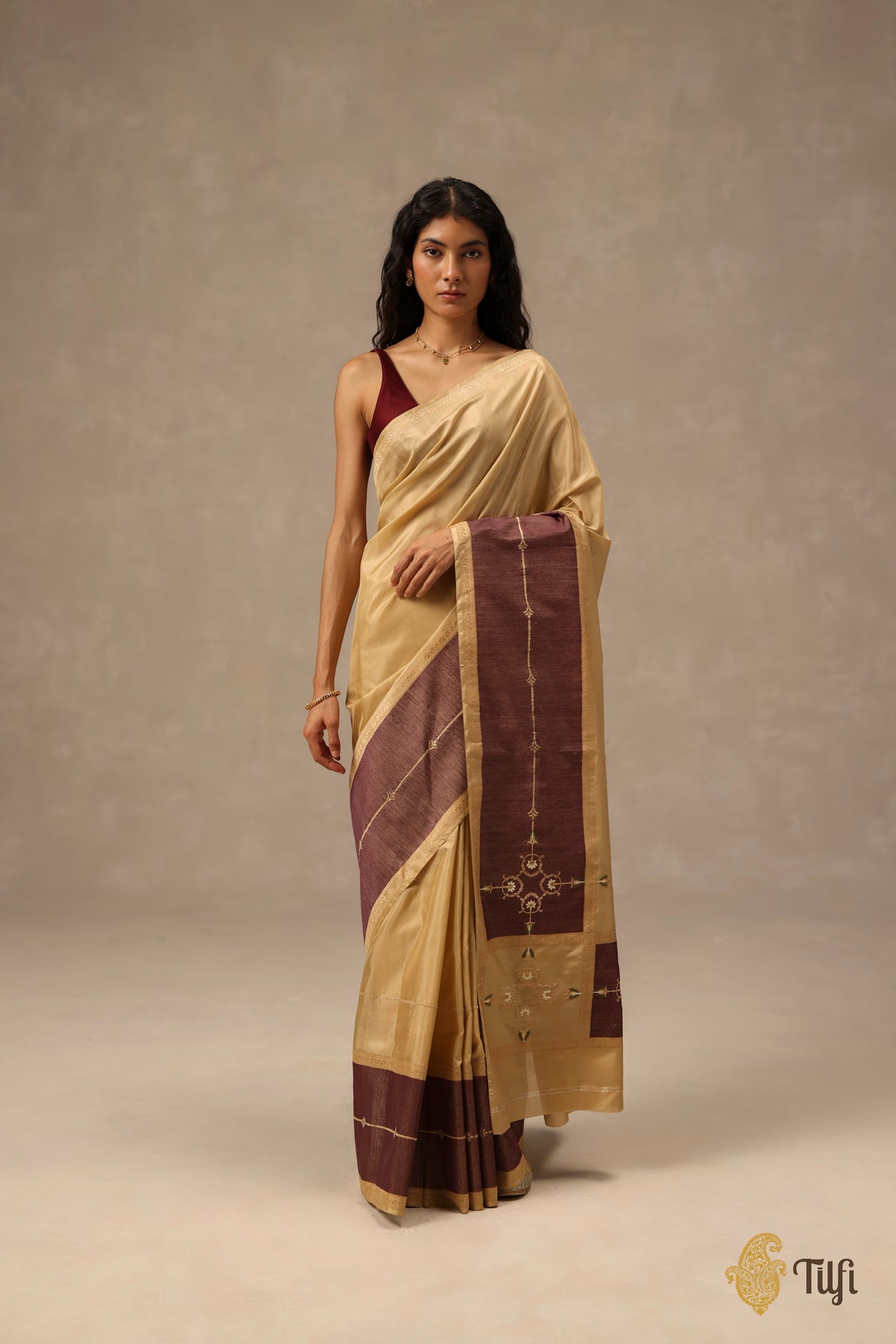 'Sienna' Beige-Brown Pure Katan Gheecha Silk Banarasi Handloom Saree
