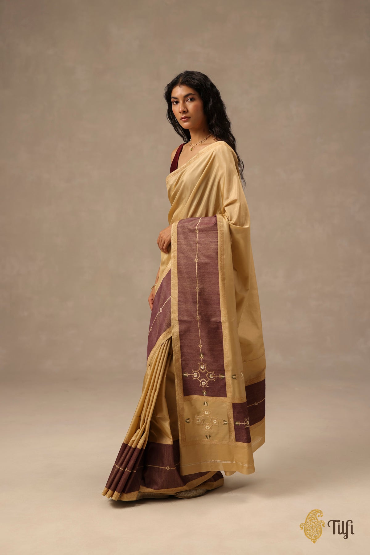 'Sienna' Beige-Brown Pure Katan Gheecha Silk Banarasi Handloom Saree