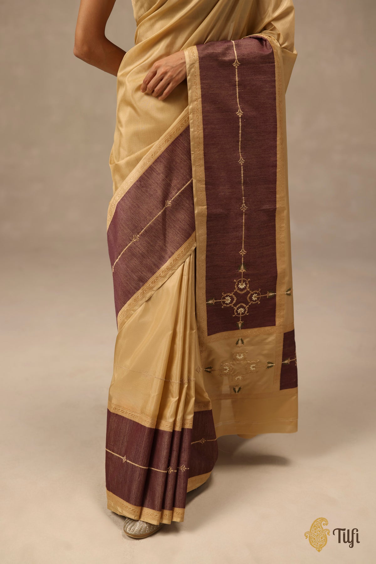 'Sienna' Beige-Brown Pure Katan Gheecha Silk Banarasi Handloom Saree