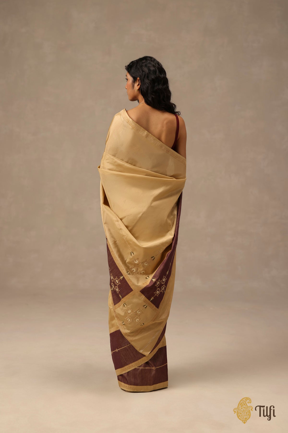 'Sienna' Beige-Brown Pure Katan Gheecha Silk Banarasi Handloom Saree