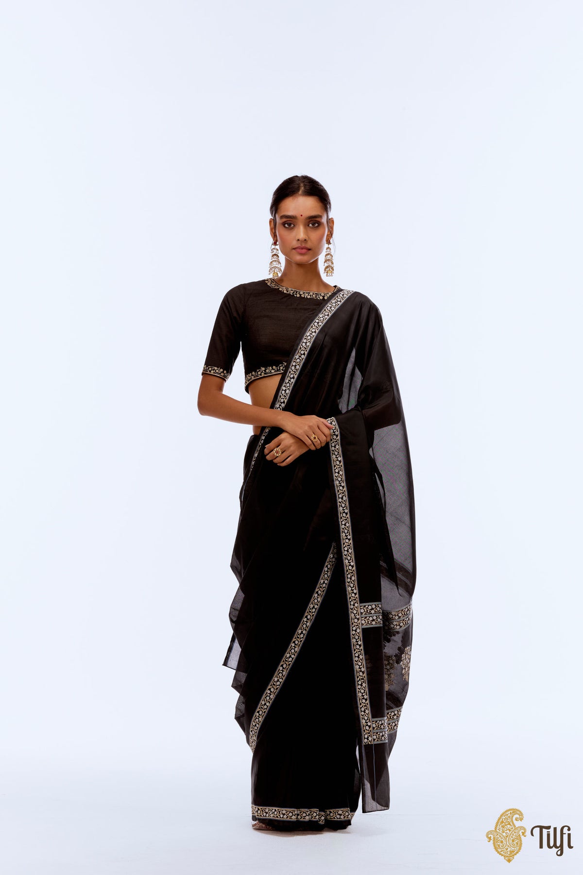 Pre-Order: &#39;Kamalika Raag&#39; Black Pure Katan Silk Georgette Banarasi Handloom Saree