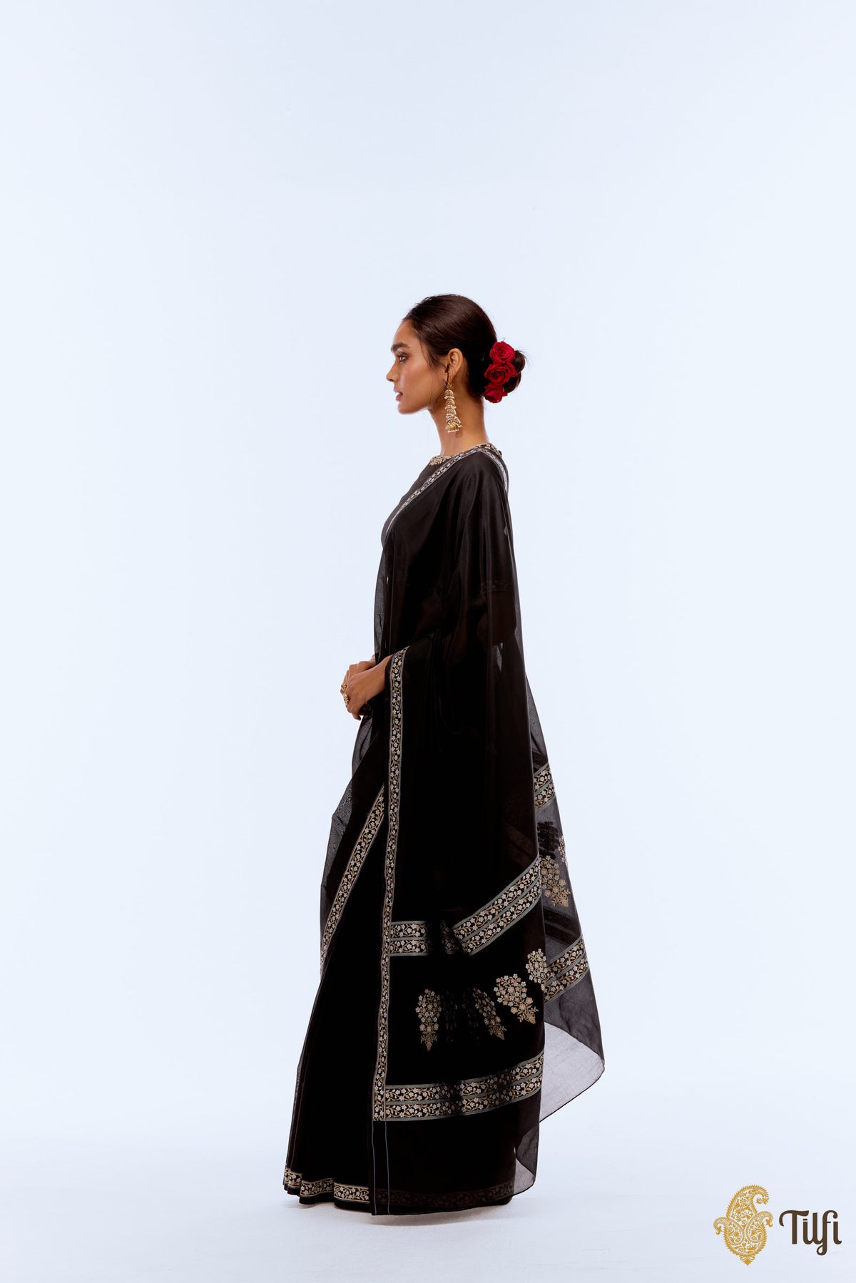 Pre-Order: &#39;Kamalika Raag&#39; Black Pure Katan Silk Georgette Banarasi Handloom Saree