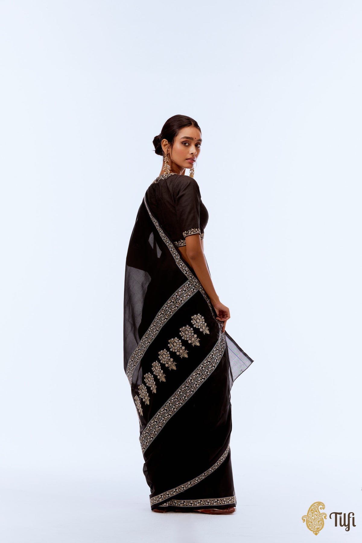 Pre-Order: &#39;Kamalika Raag&#39; Black Pure Katan Silk Georgette Banarasi Handloom Saree