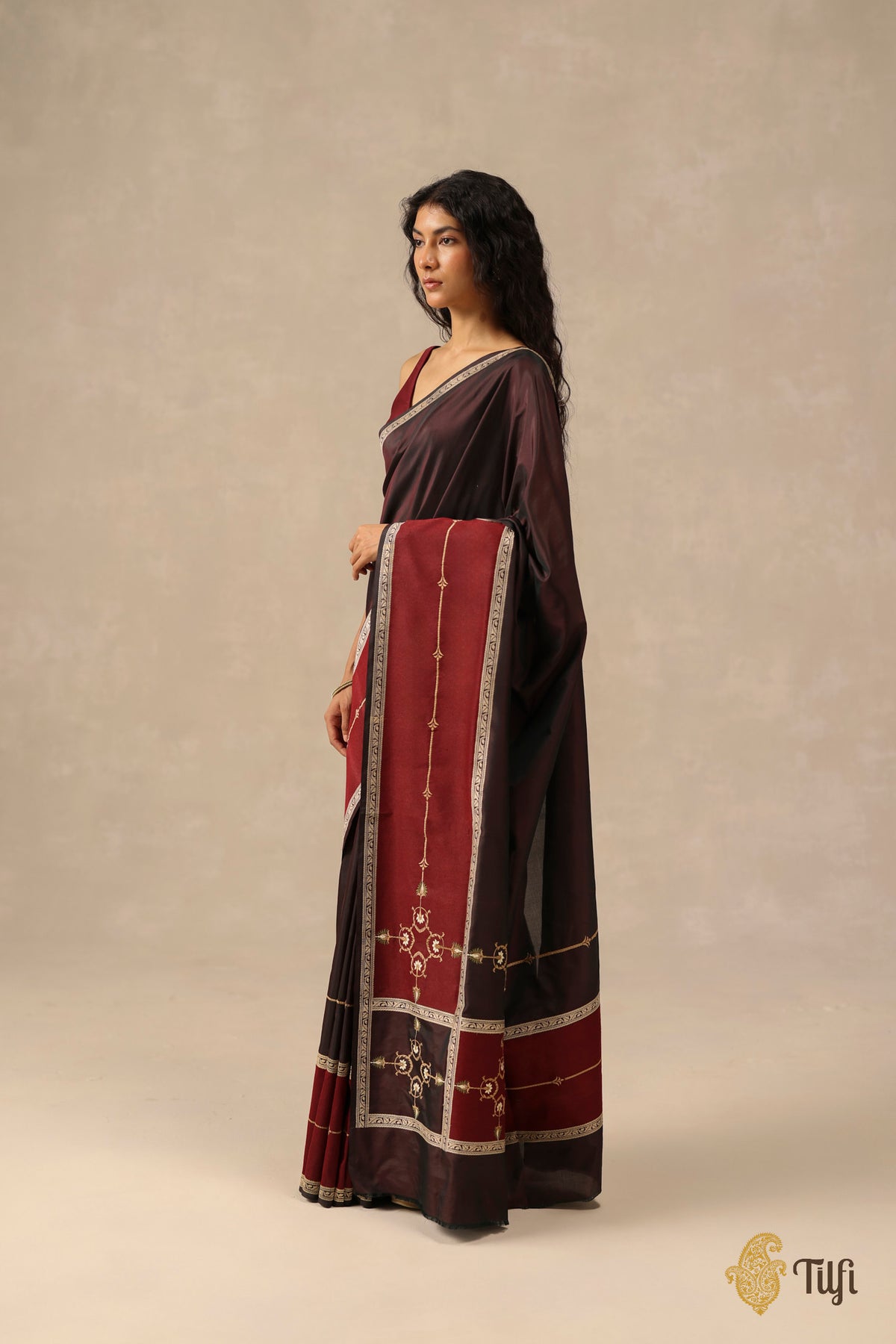 'Sienna' Dark Brown Pure Katan Gheecha Silk Banarasi Handloom Saree