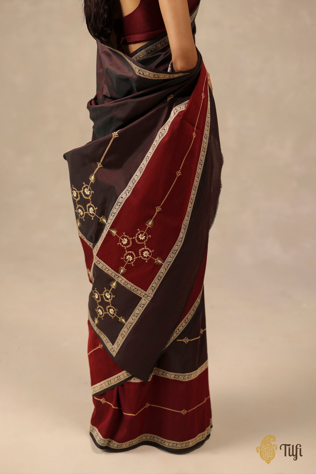 'Sienna' Dark Brown Pure Katan Gheecha Silk Banarasi Handloom Saree