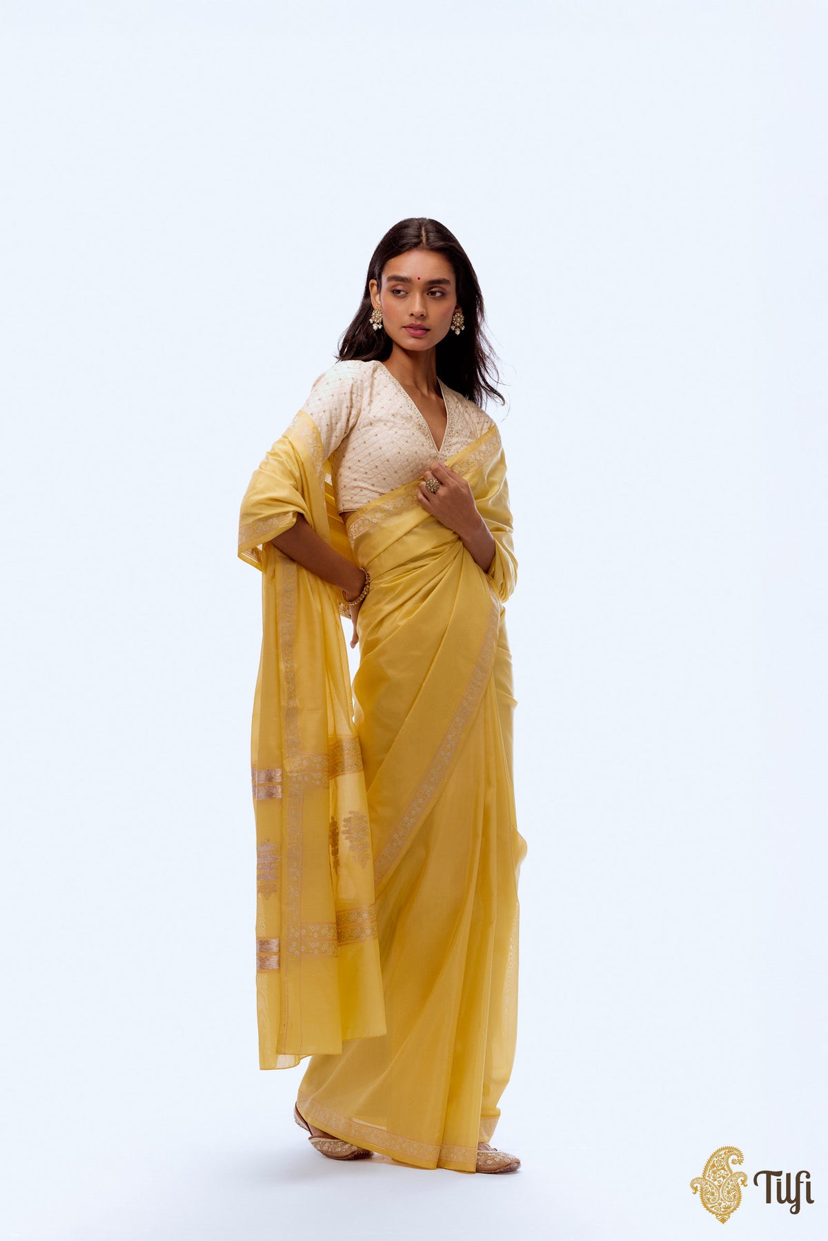 &#39;Kamalika Raag&#39; Yellow Pure Katan Silk Georgette Banarasi Handloom Saree