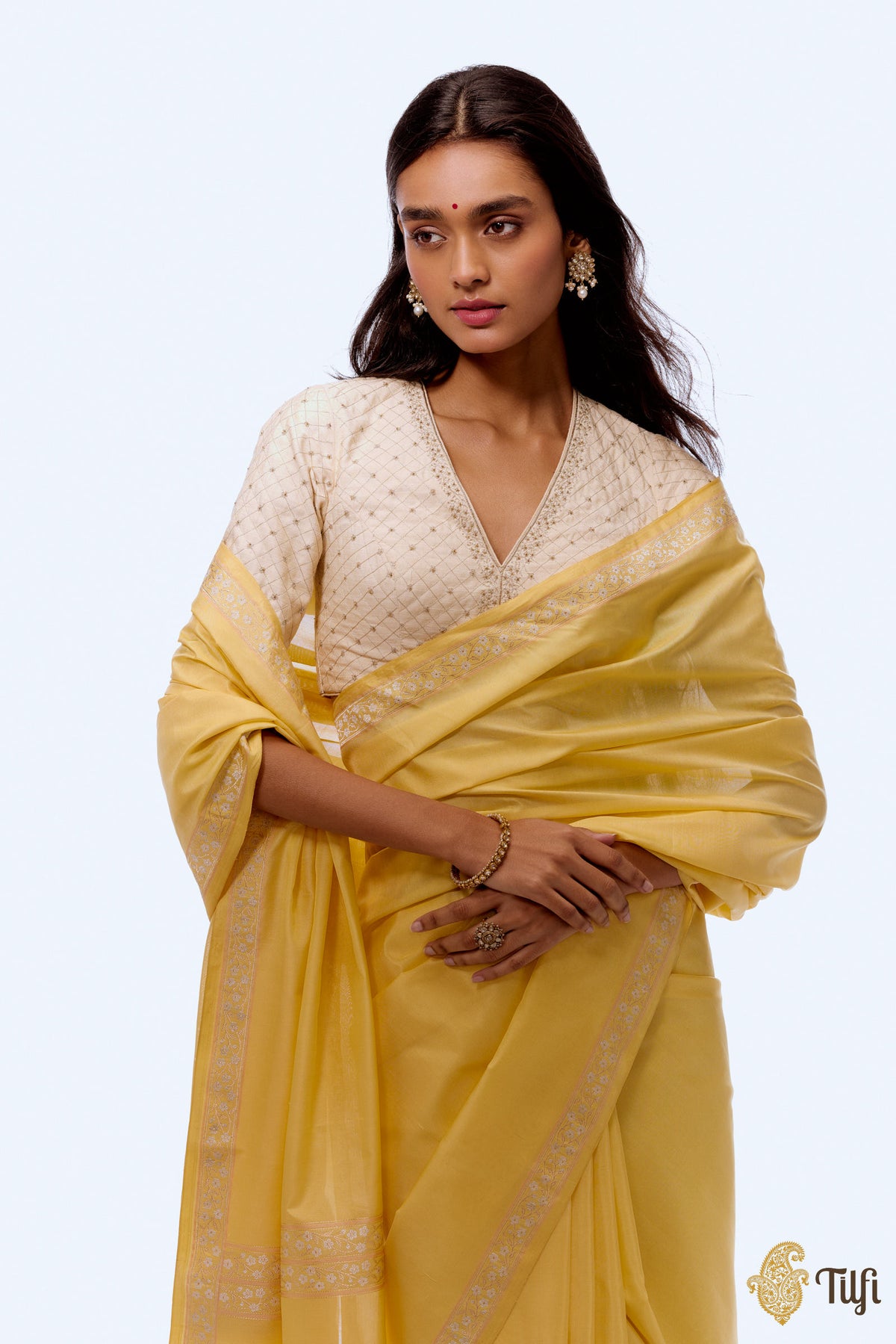 &#39;Kamalika Raag&#39; Yellow Pure Katan Silk Georgette Banarasi Handloom Saree