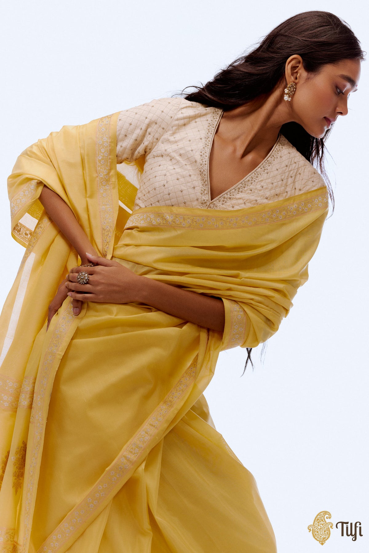 &#39;Kamalika Raag&#39; Yellow Pure Katan Silk Georgette Banarasi Handloom Saree