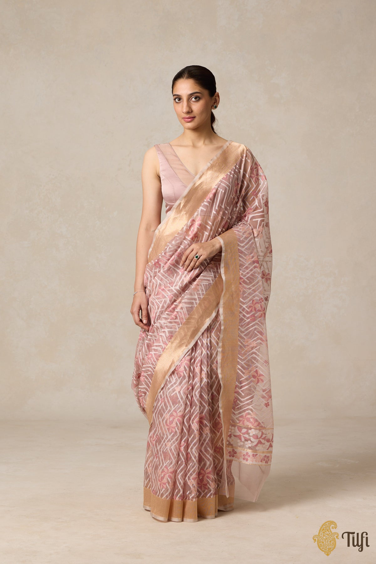 &#39;A Cascade of Geraniums&#39; Pastel Brown Pure Kora Silk Net Banarasi Handloom Saree