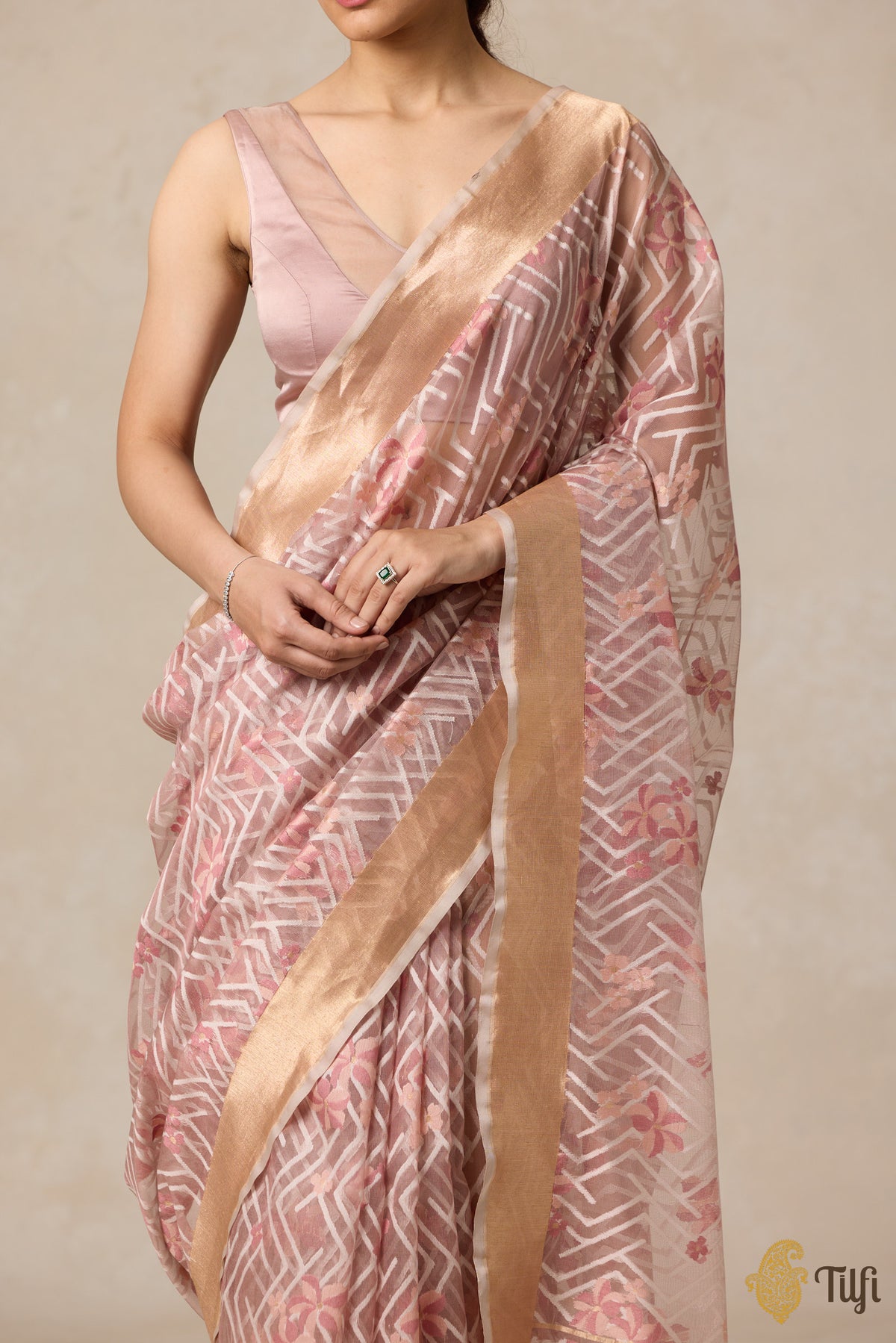 &#39;A Cascade of Geraniums&#39; Pastel Brown Pure Kora Silk Net Banarasi Handloom Saree