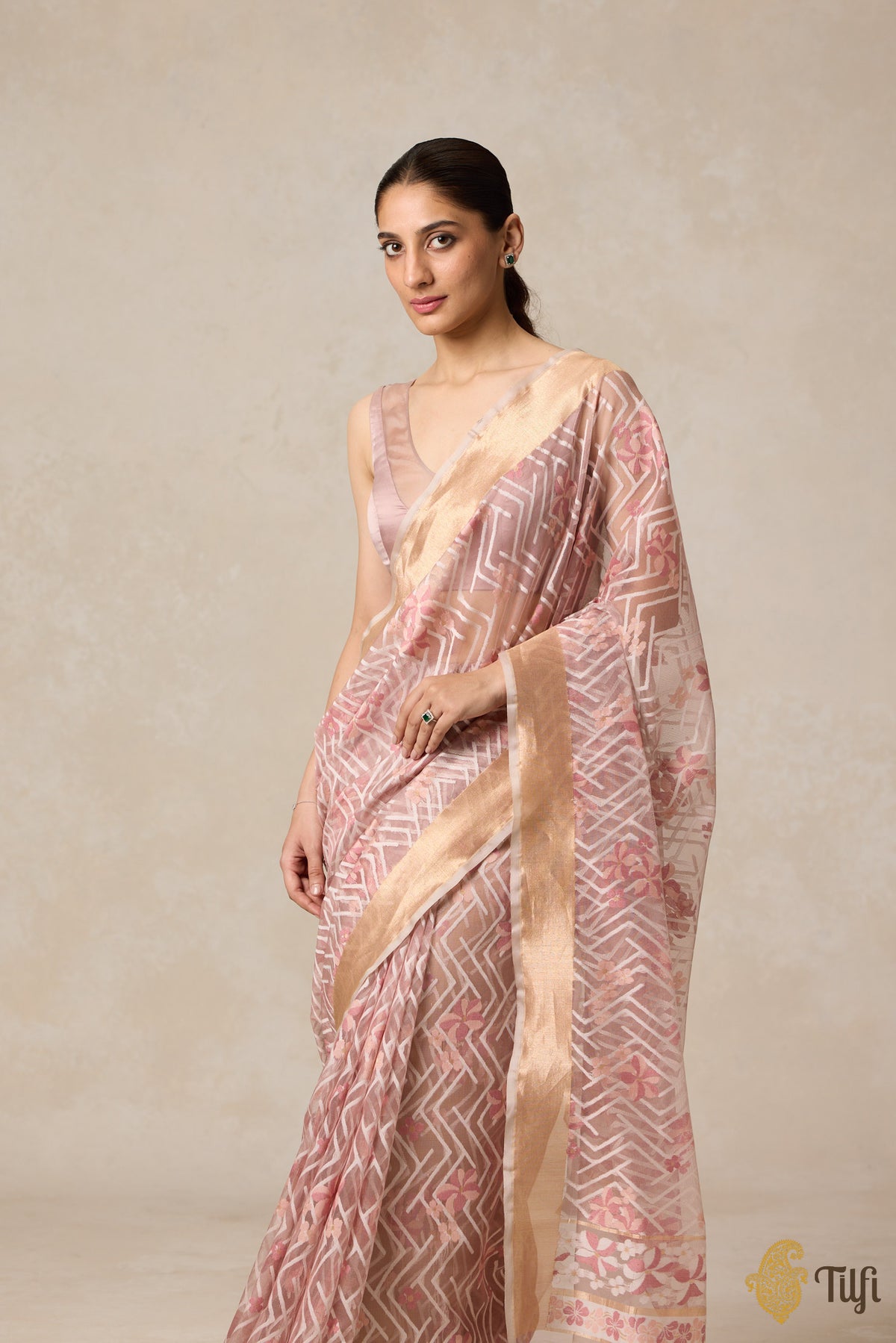 &#39;A Cascade of Geraniums&#39; Pastel Brown Pure Kora Silk Net Banarasi Handloom Saree