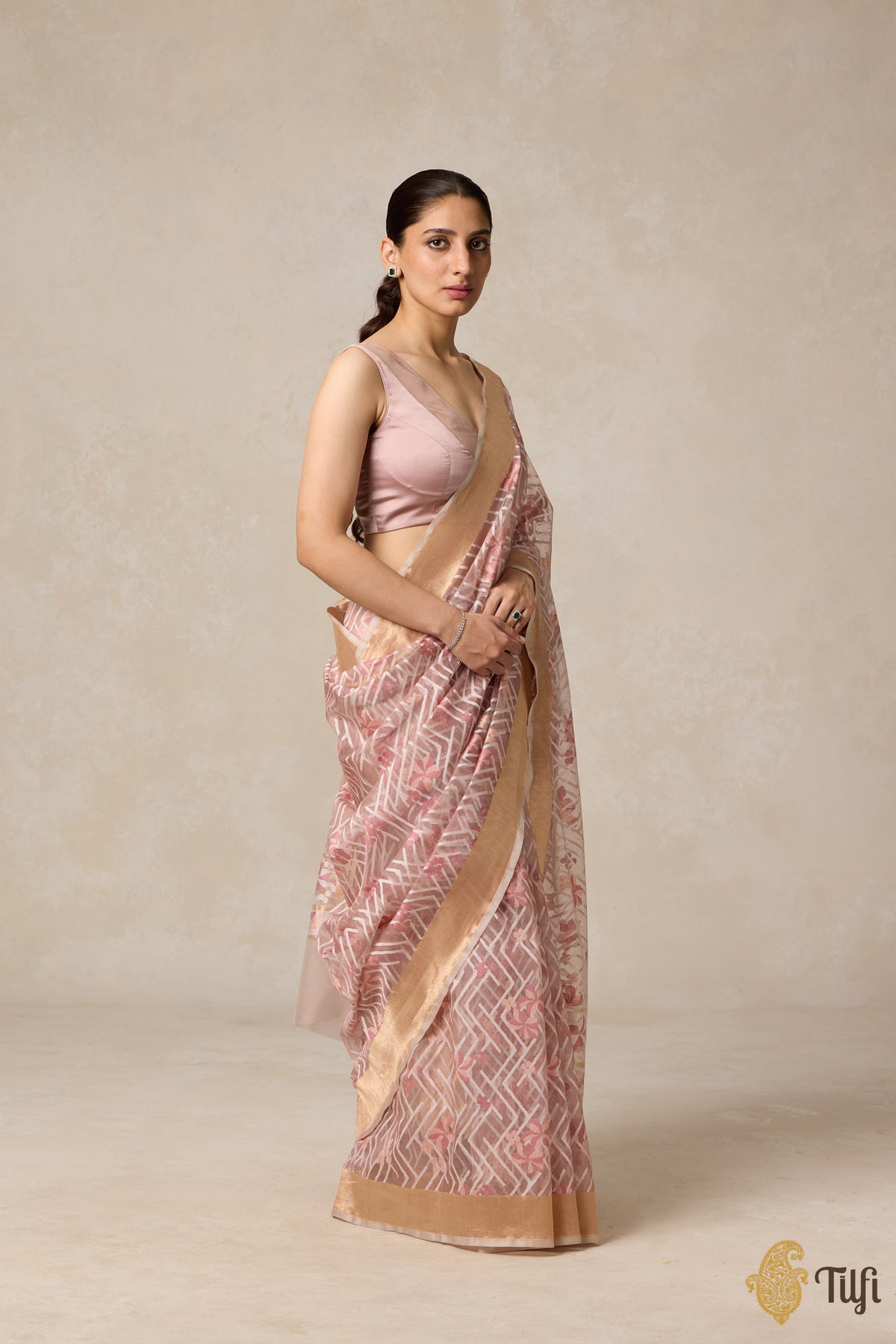 &#39;A Cascade of Geraniums&#39; Pastel Brown Pure Kora Silk Net Banarasi Handloom Saree